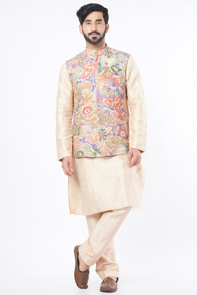 Violet Juna Raw Silk Printed And Embellished Bundi With Off White Raw Silk Kurta Set