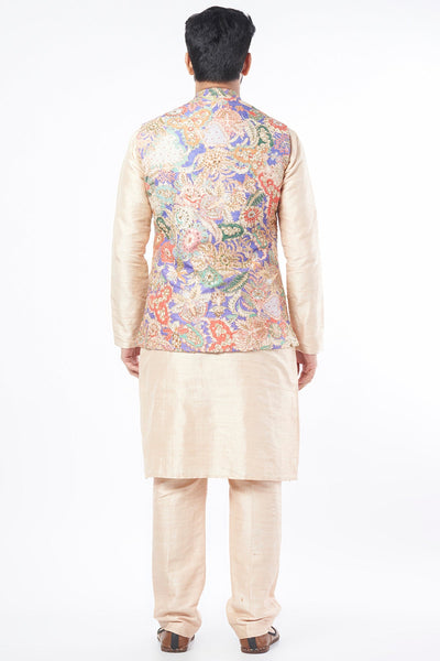 Violet Juna Raw Silk Printed And Embellished Bundi With Off White Raw Silk Kurta Set