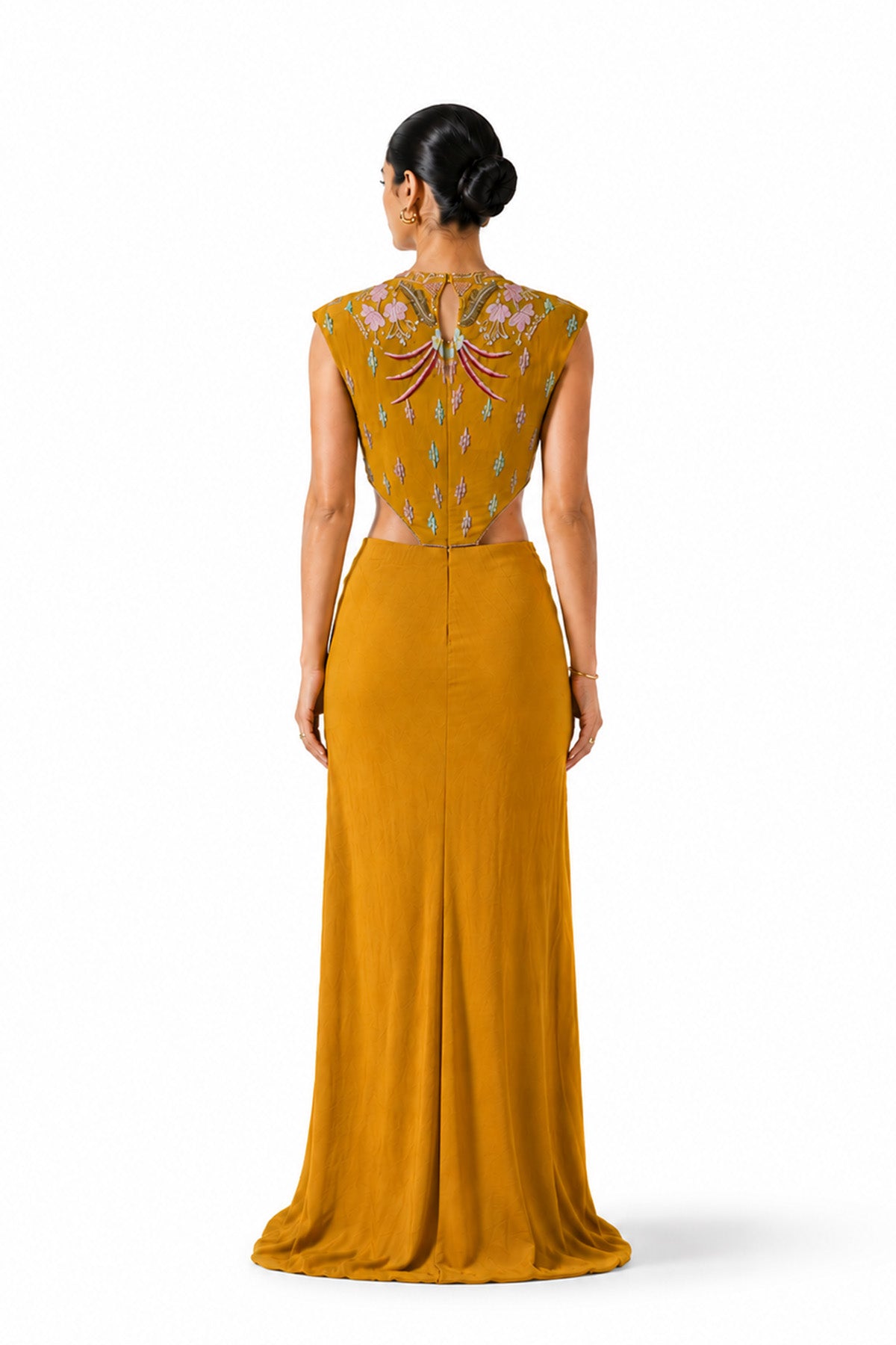 mustard yellow chiffon dress Ochrecut Mustard Yellow Chiffon Cutout Front Draped Pleated Skirted Go –  Aisha Rao
