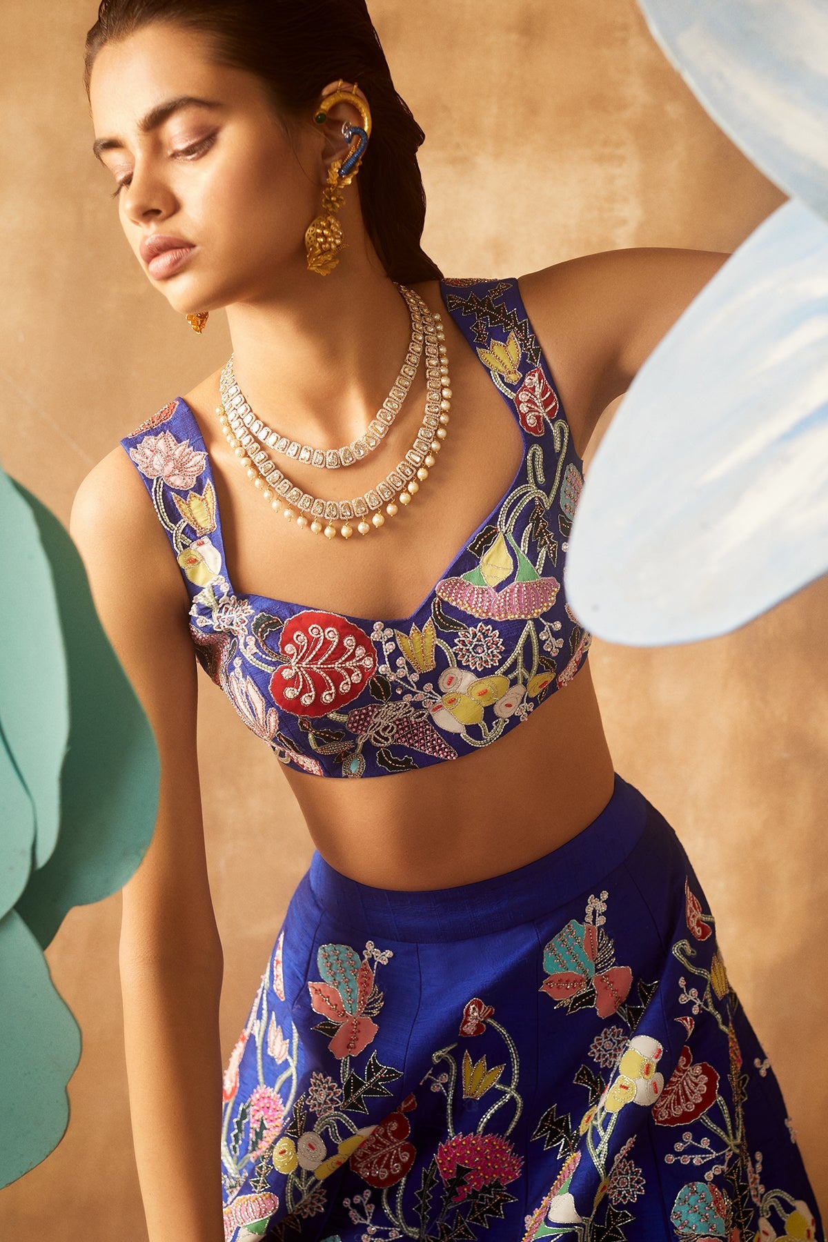 Electric Blue Pastiche Raw Silk Appliquéd And Embellished Lehenga With Blouse And Cutwork Dupatta