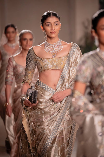 Glowfern - light gold Banarasi Tissue Brocade & tissue saree set