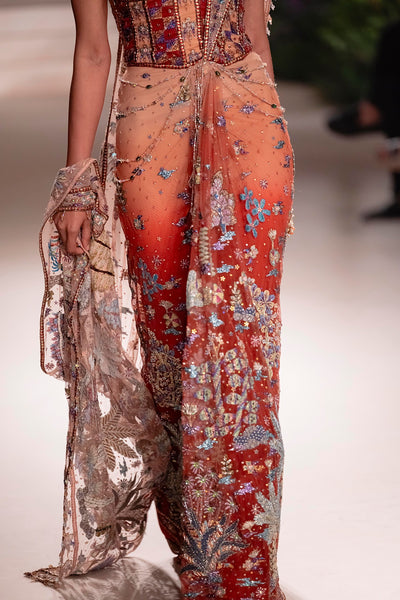 Whimrose - cantaloupe rust tulle net drape saree