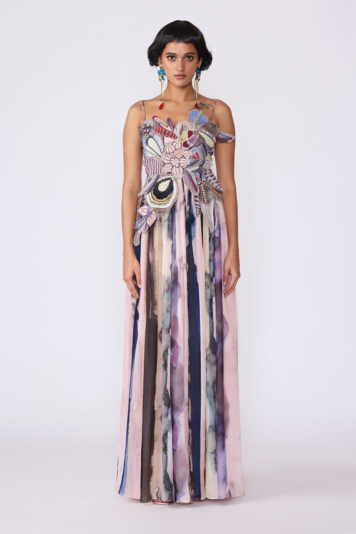 Woman wearing Kinfolk mist purple 3D embellished strap gown