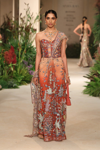 Whimrose - cantaloupe rust tulle net drape saree