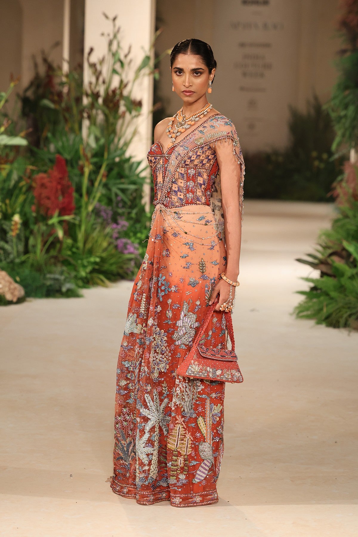 Whimrose - cantaloupe rust tulle net drape saree
