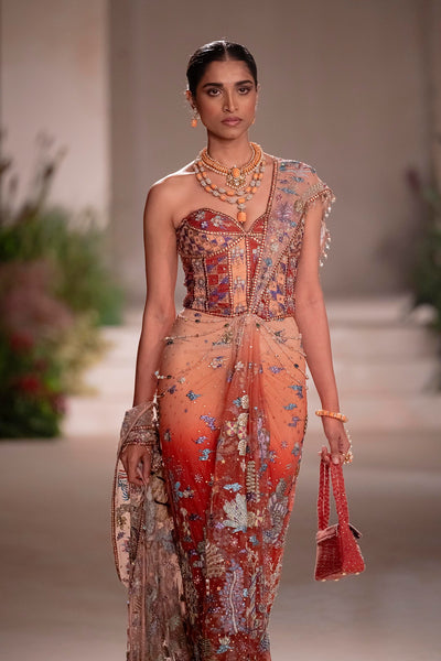 Whimrose - cantaloupe rust tulle net drape saree