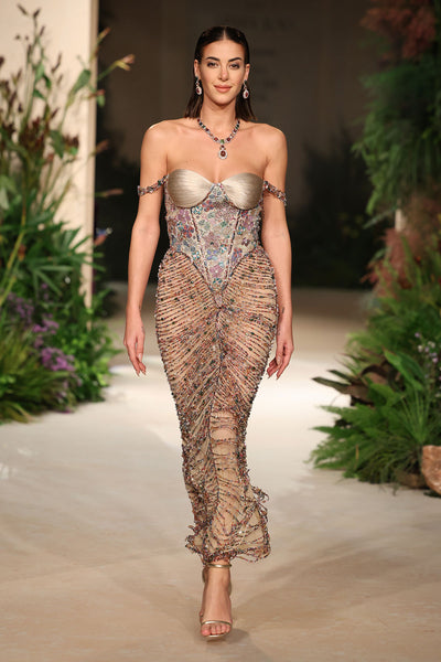 Lovestone - champagne Banarasi Tissue Brocade & tulle net gown