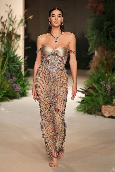Lovestone - champagne Banarasi Tissue Brocade & tulle net gown