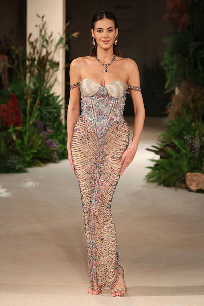 Lovestone - champagne Banarasi Tissue Brocade & tulle net gown