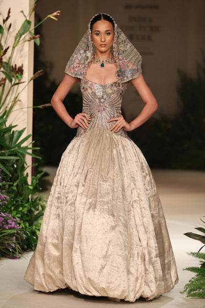 Sunflair - champagne Banarasi Tissue Brocade & tulle net gown