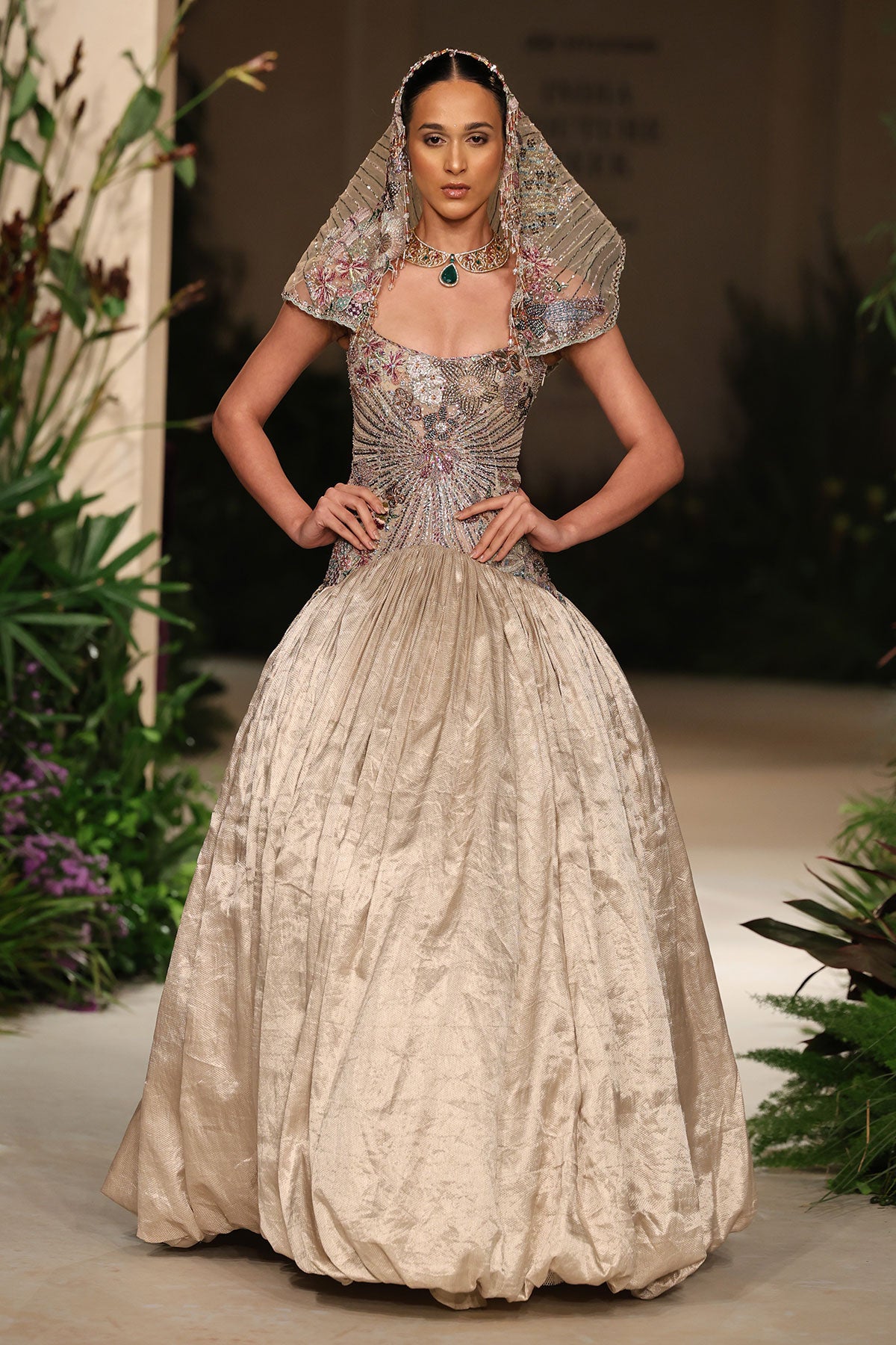 Sunflair - champagne Banarasi Tissue Brocade & tulle net gown
