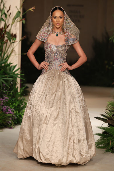 Sunflair - champagne Banarasi Tissue Brocade & tulle net gown