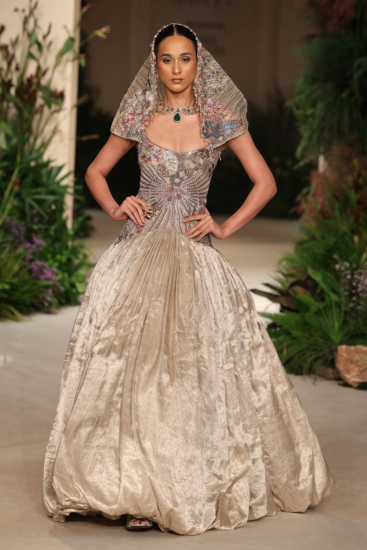Sunflair - champagne Banarasi Tissue Brocade & tulle net gown