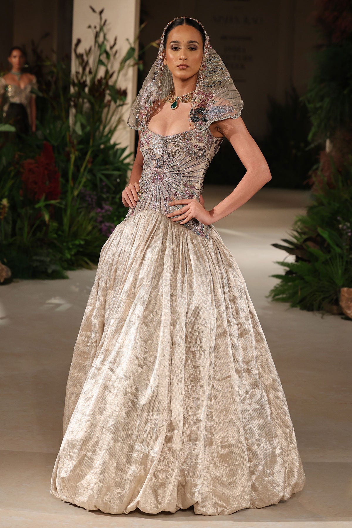 Sunflair - champagne Banarasi Tissue Brocade & tulle net gown