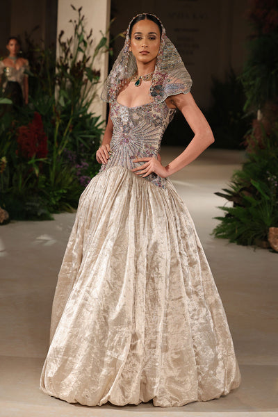 Sunflair - champagne Banarasi Tissue Brocade & tulle net gown