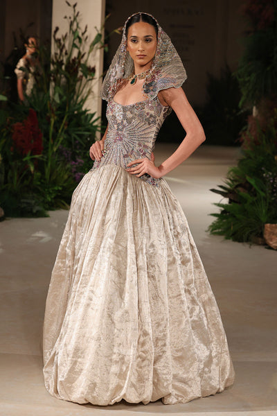 Sunflair - champagne Banarasi Tissue Brocade & tulle net gown