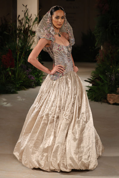 Sunflair - champagne Banarasi Tissue Brocade & tulle net gown