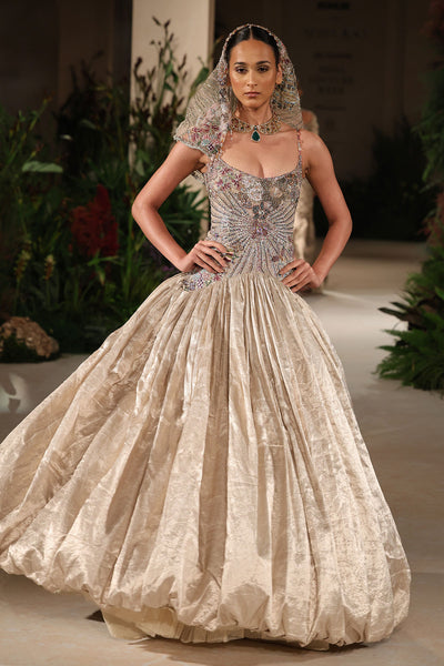 Sunflair - champagne Banarasi Tissue Brocade & tulle net gown