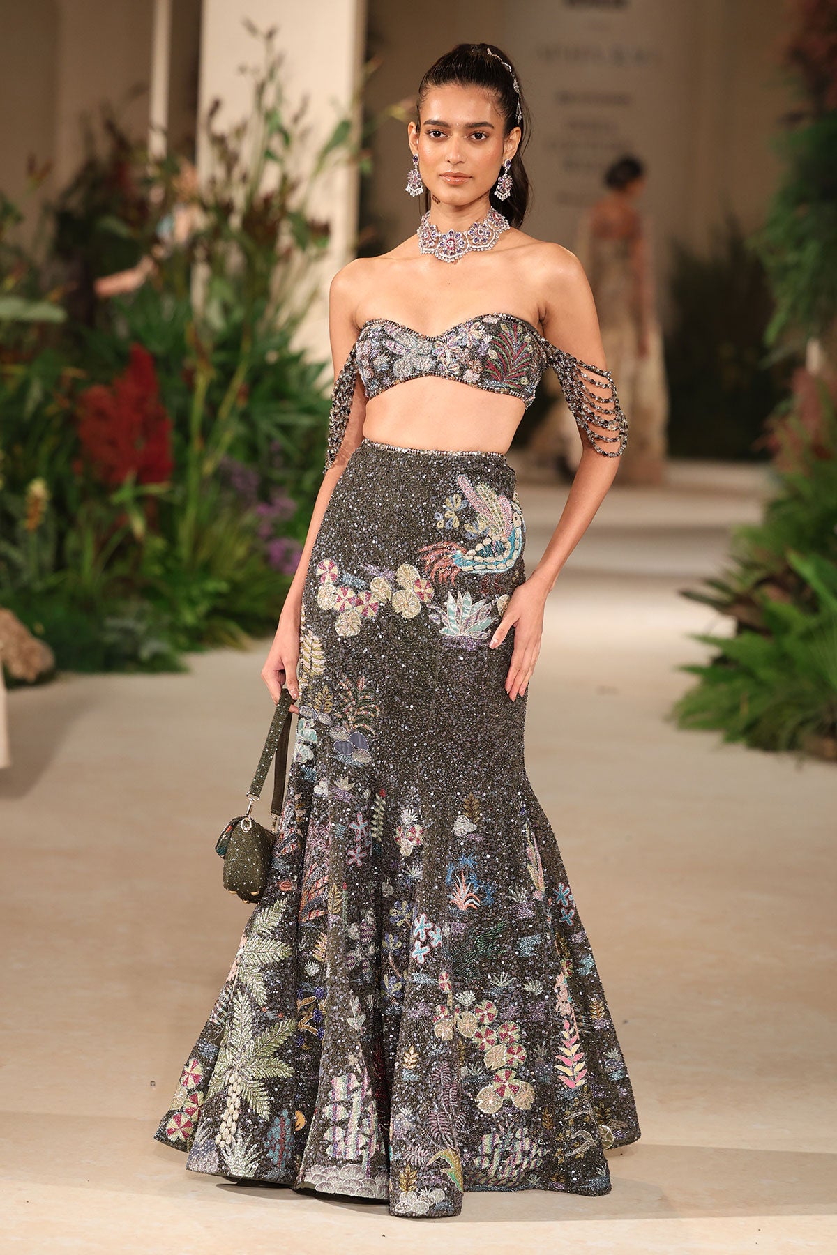 Wildelise - gunmetal tulle net lehenga set