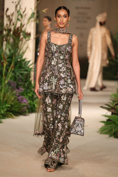 Petalmuse - lush green tulle net sharara set