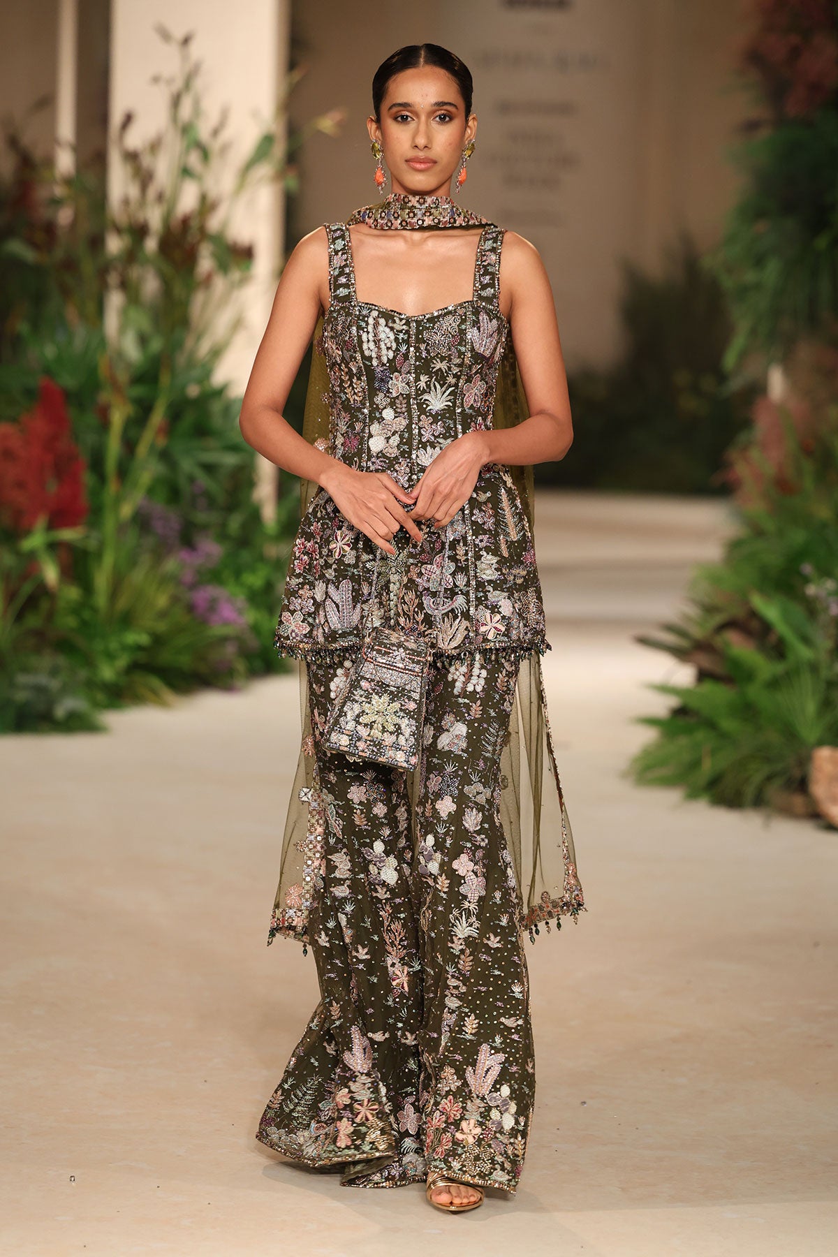 Petalmuse - lush green tulle net sharara set