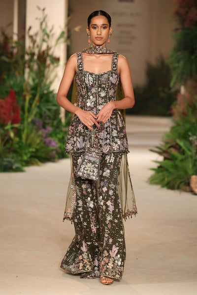 Petalmuse - lush green tulle net sharara set