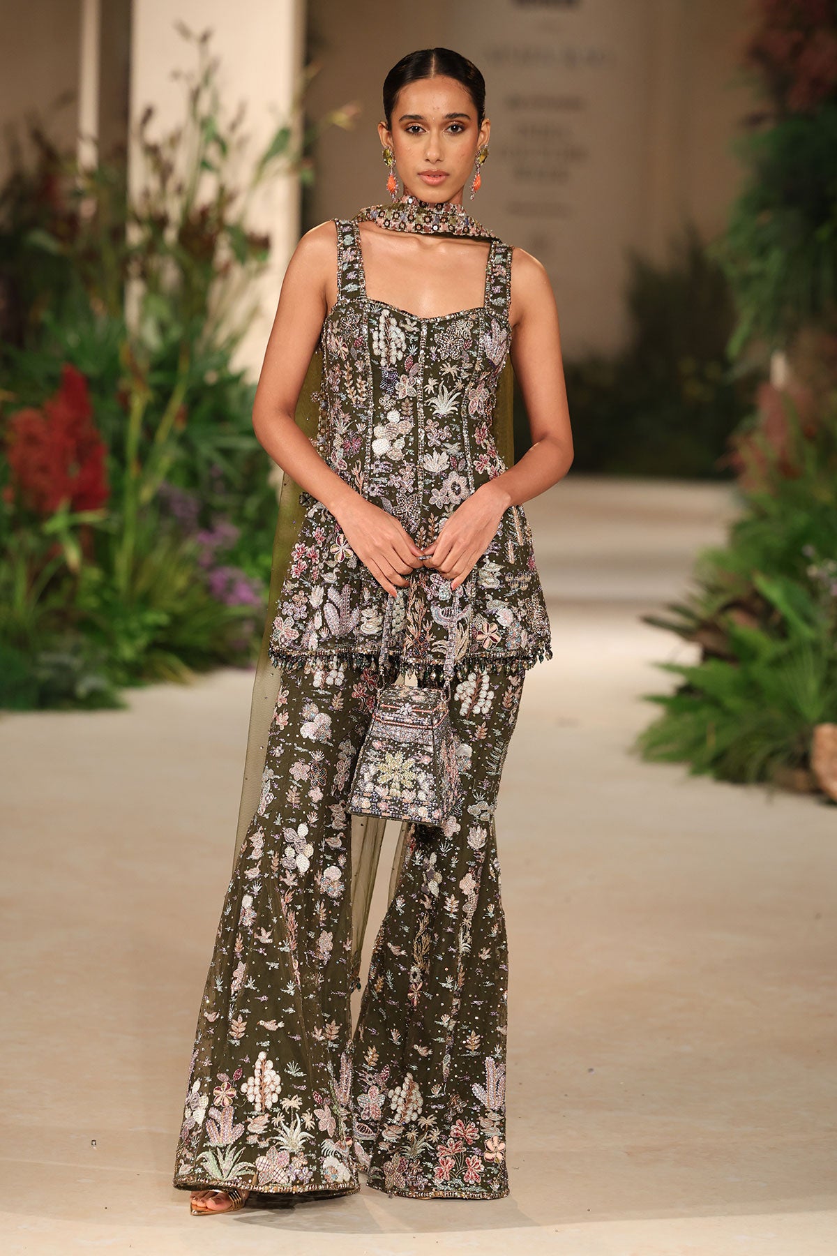 Petalmuse - lush green tulle net sharara set