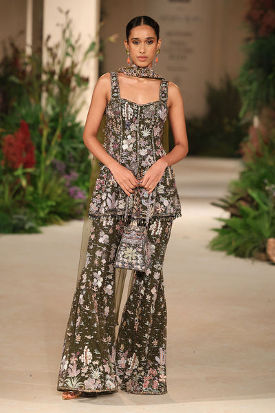 Petalmuse - lush green tulle net sharara set