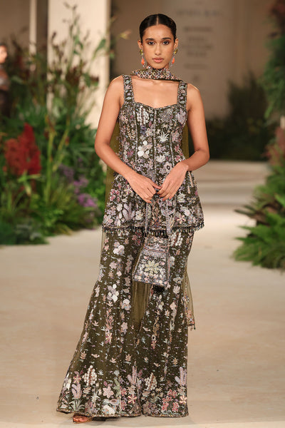 Petalmuse - lush green tulle net sharara set