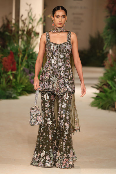 Petalmuse - lush green tulle net sharara set