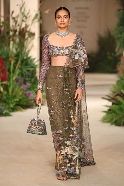Bloomveil - Lush green gunmetal shimmer net drape saree