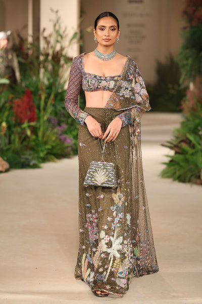 Bloomveil - Lush green gunmetal shimmer net drape saree