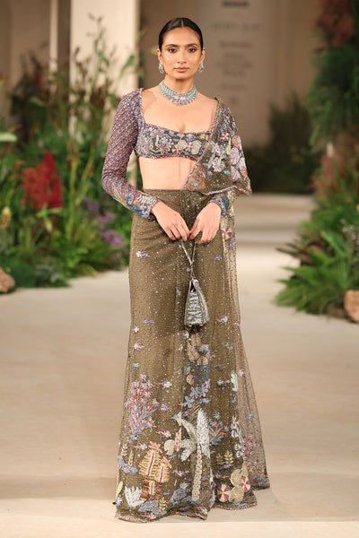 Bloomveil - Lush green gunmetal shimmer net drape saree