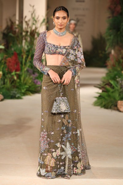 Bloomveil - Lush green gunmetal shimmer net drape saree