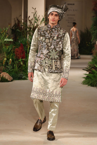Brightheart - lush green Banarasi tissue brocade & raw silk bundi set