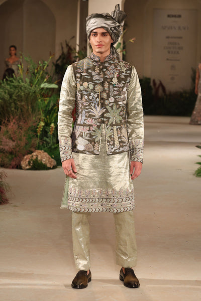 Brightheart - lush green Banarasi tissue brocade & raw silk bundi set