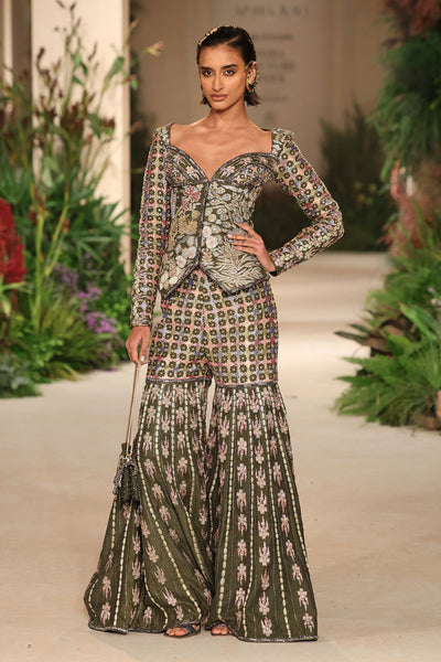 Blisswhirl - lush green raw silk sharara set