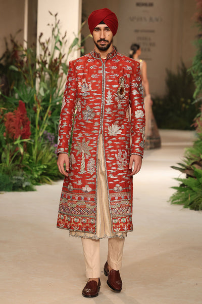 Heartwhirl - rust raw silk sherwani set