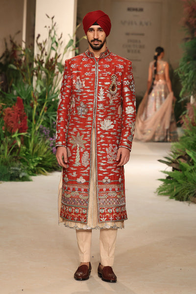 Heartwhirl - rust raw silk sherwani set