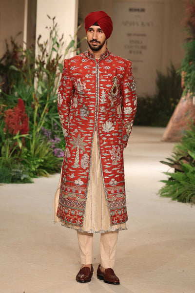 Heartwhirl - rust raw silk sherwani set