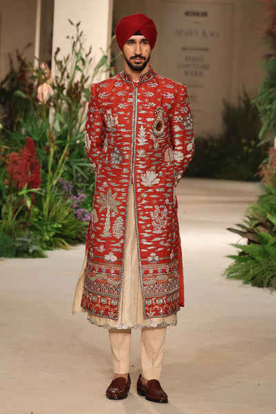 Heartwhirl - rust raw silk sherwani set