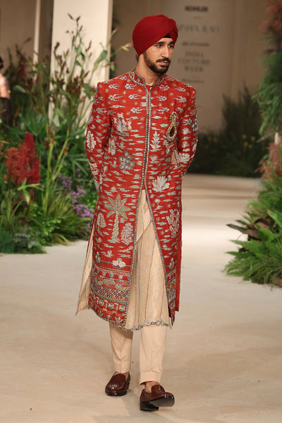 Heartwhirl - rust raw silk sherwani set