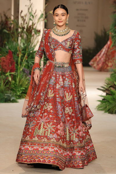 Rosina - rust raw silk & tulle net Lehenga set