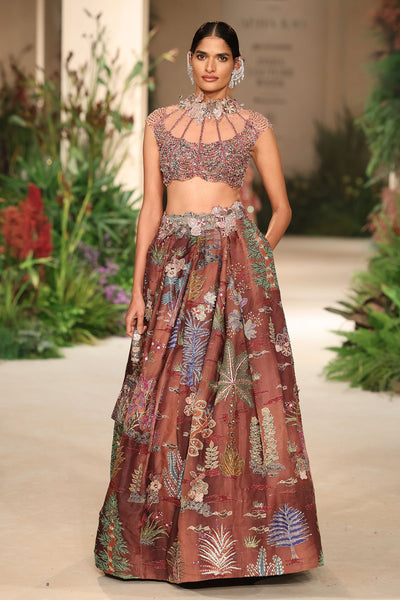 Softflaire - cantaloupe teakberry organza & tulle net Lehenga set