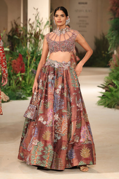 Softflaire - cantaloupe teakberry organza & tulle net Lehenga set