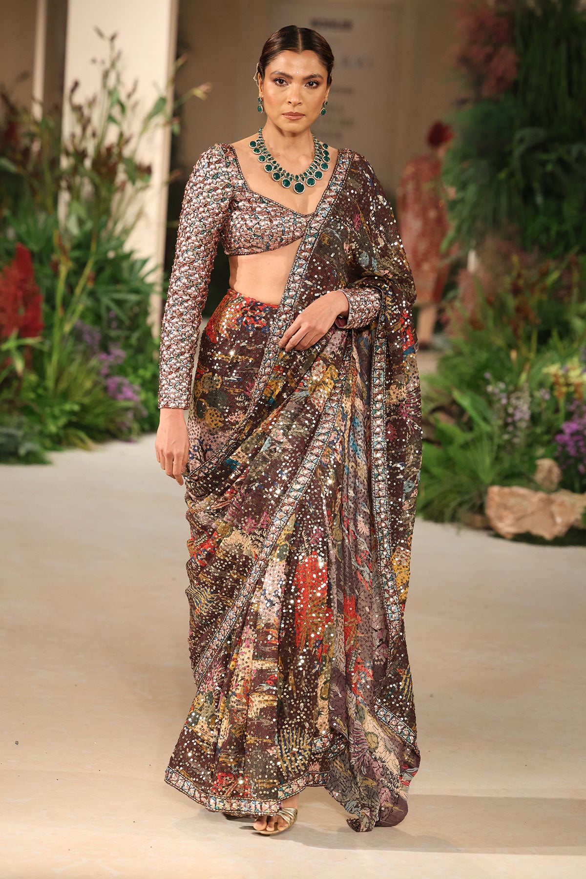 Meadowlight - teakberry sequin georgette & tulle net draped saree