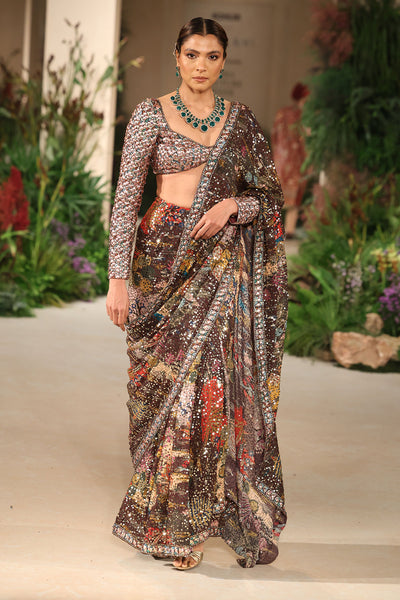 Meadowlight - teakberry sequin georgette & tulle net draped saree