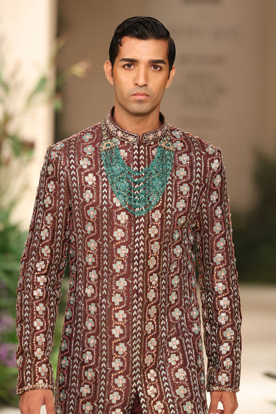 Aurashine - teakberry raw silk sherwani set