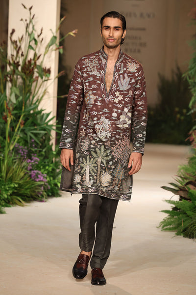 Cherrycloud - teakberry- gunmetal organza & dupion kurta set