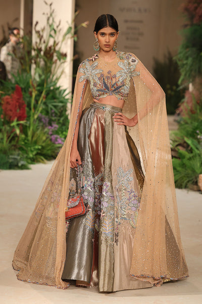Glowtide - multicolour tissue & tulle net Lehenga set